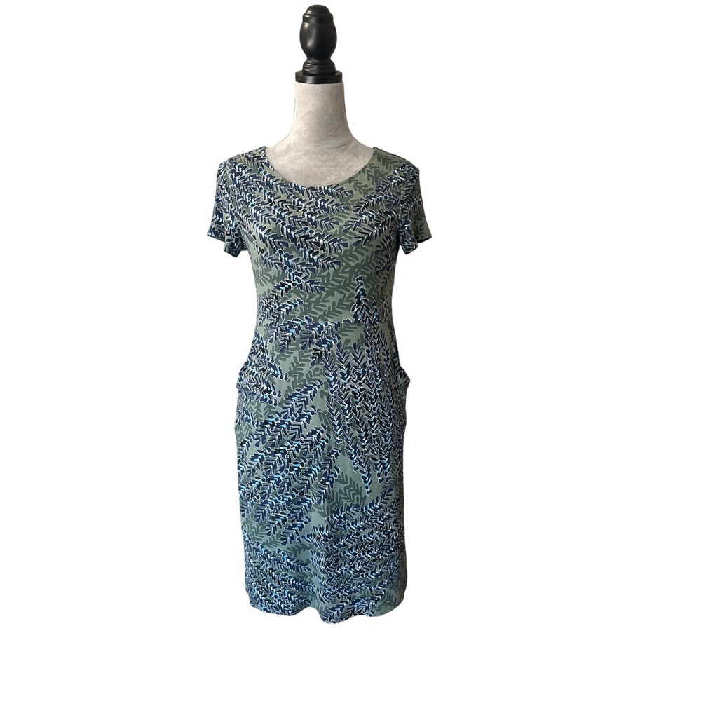 NIC+ZOE Womens Green Blue Leaf Print Short Sleeve‎ Knee Length Pocket Dress M